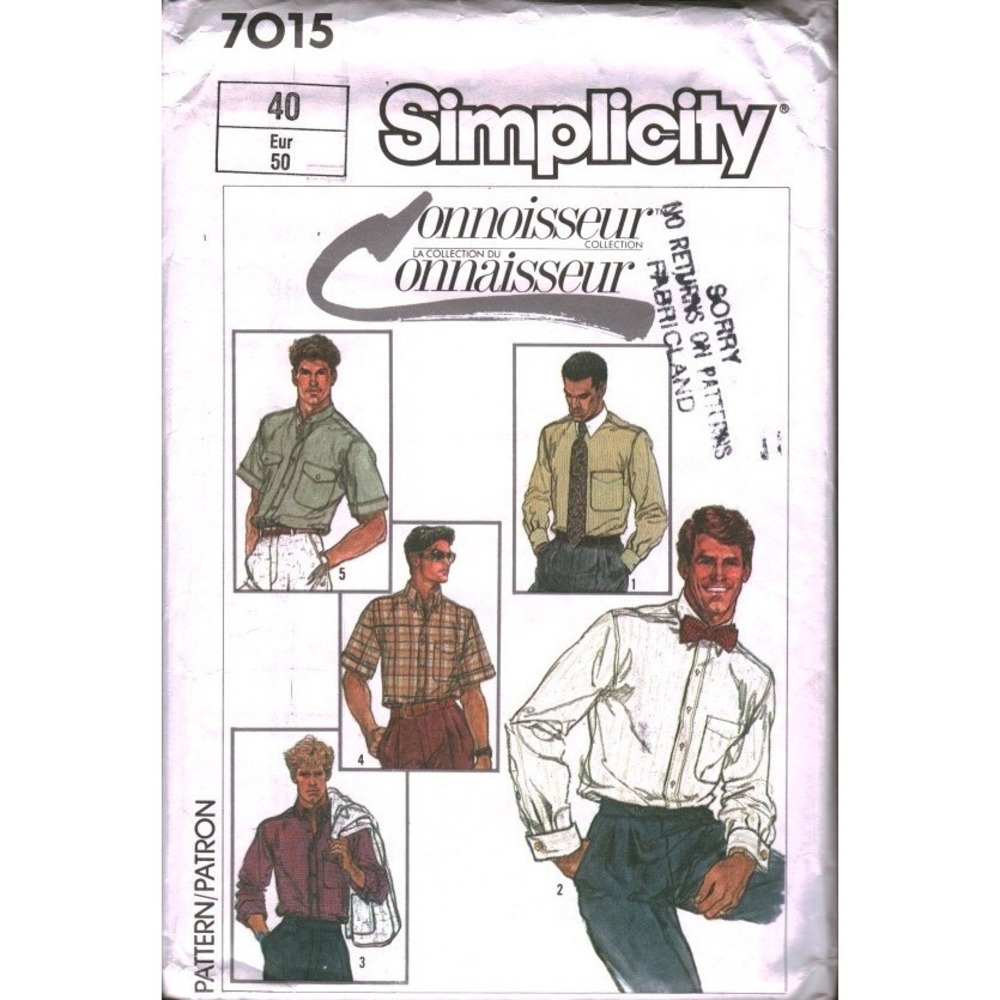 Vintage 1985 Simplicity 7015 Mens Shirt Sewing Pattern Size‎ 40 Connoisseur Cut